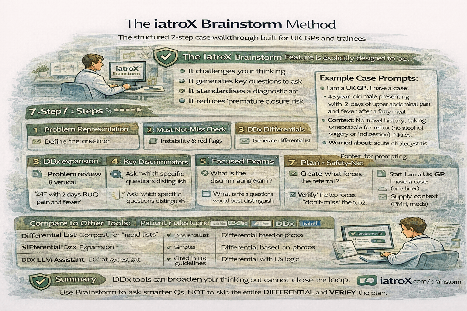 Brainstorming Clinical Cases with AI: The iatroX “7-Step” Case Reasoning Method (GP + Student Friendly)