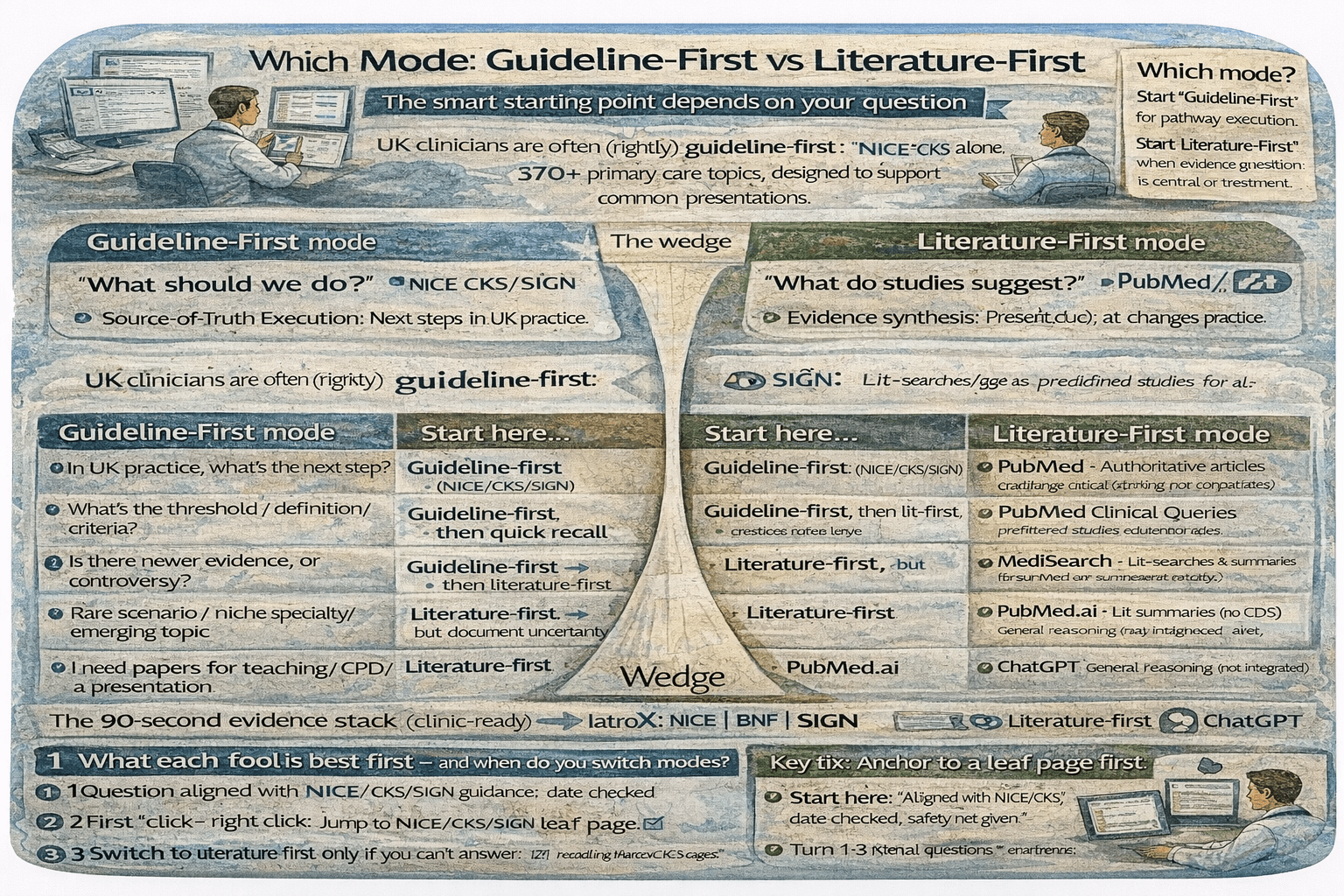 Guideline-first vs literature-first: the 90-second evidence stack (MediSearch, PubMed.ai, PubMed Clinical Queries, iatroX)