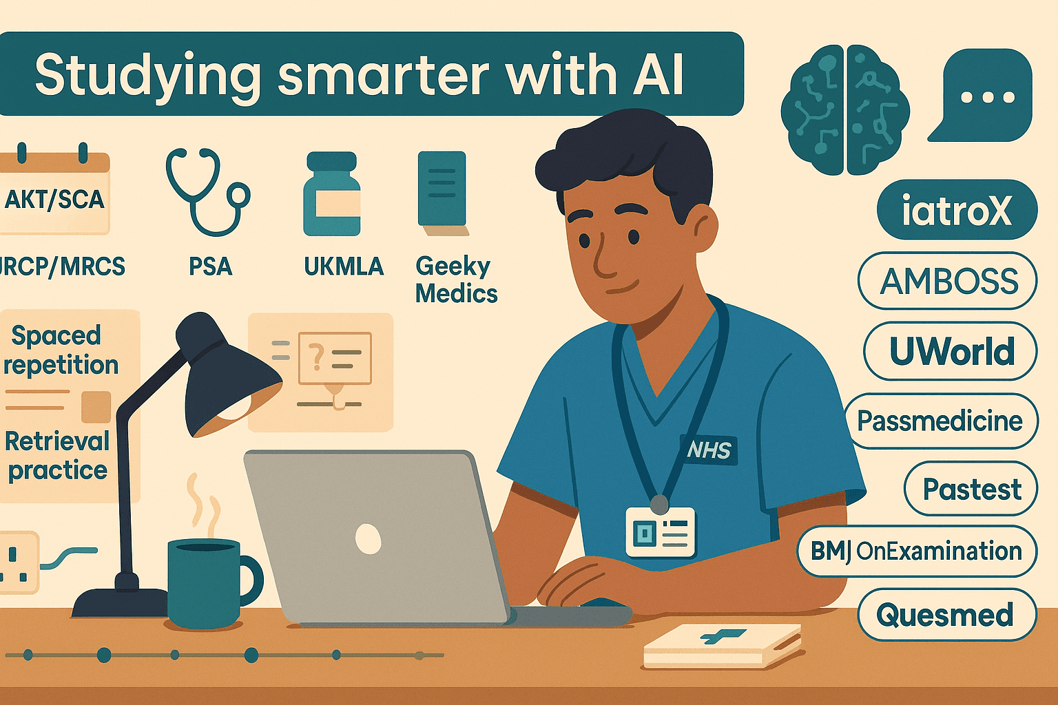 Studying smarter with AI: a UK clinician’s guide to AKT/SCA, MRCP/MRCS, PSA & UKMLA — with iatroX, AMBOSS, UWorld, Passmedicine, Pastest, BMJ OnExamination, Quesmed & Geeky Medics