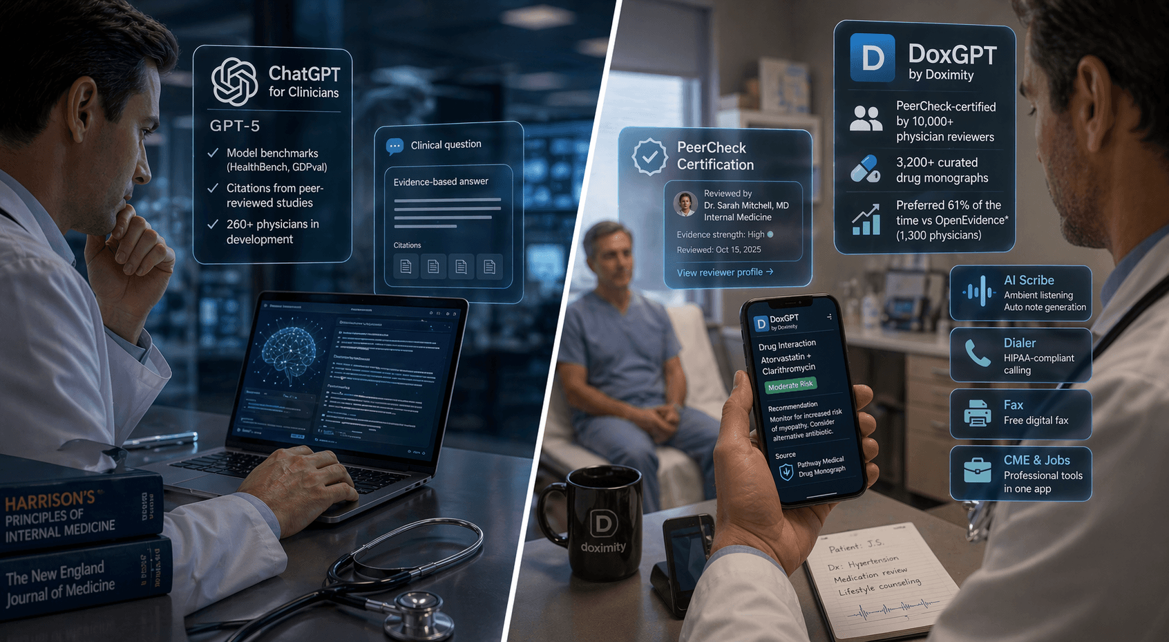 ChatGPT for Clinicians vs Doximity DoxGPT (2026): GPT-5 Power vs Physician-Verified PeerCheck