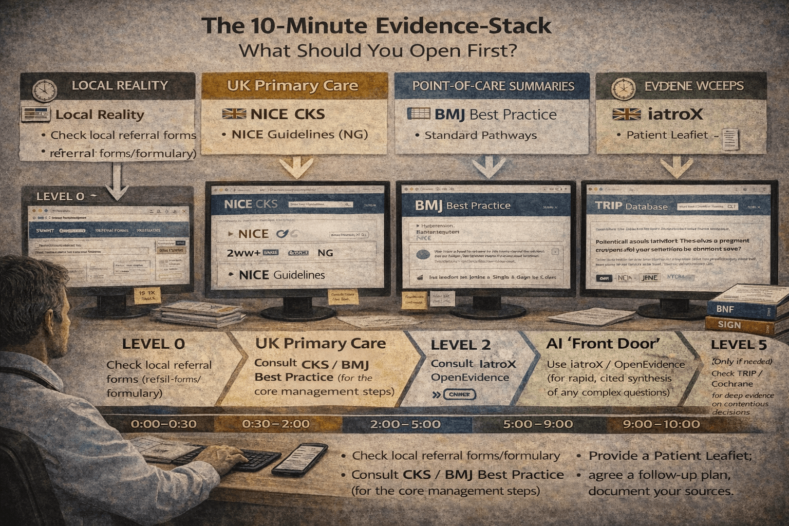 The GP’s 10-minute evidence stack (2026): a practical “open this first” hierarchy for safe, fast decisions